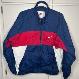 Vintage 1980 Nike Spellout Jacket Mens Large Red White Blue Jersey Lined Nylon